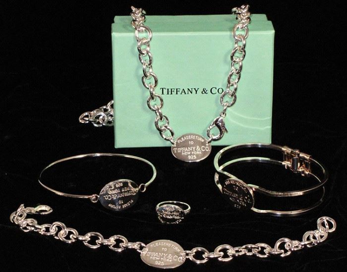 Tiffany & Co Oval  Tag Engraved "Please Return Tiffany & Co. New York 925" Sterling Silver Chain Necklace and Matching Bracelet, a Bangle Bracelet and Double Band Cuff Style Bracelet  and Ring 