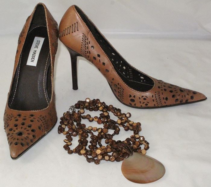 Steve Madden Pierced Design Caramel Leather High Heels shown with a Whit House Black Market Multi Strand Wood Beads With Mother of Pearl Disc Pendant