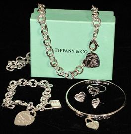 Tiffany & Co Heart Tag  Engraved "Please Return Tiffany & Co  New York 925" Sterling Silver Collection: Chain Necklace and Heart  with Lock Bracelet, a Bangle Bracelet with Pendant Heart Drop, Pierced Earrings and Ring 