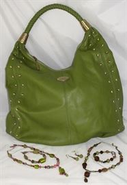  Faux Dolce Gabbana Lime Green Hobo Bag shown with Natural Brown & Lime Green Stone and crystal beads with wood drop accent Necklace w/matching Bracelet and Pierced Earrings.  Also Lime Green Glass Beads with Pink Crystal w/Drop Beaded Pendant and Matching Braclet