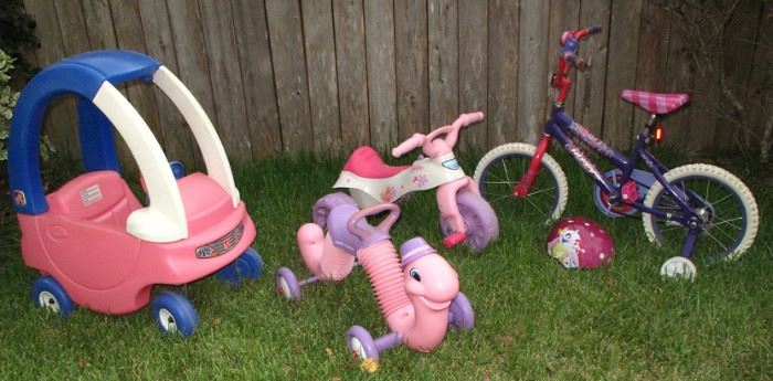 Step 2 Cozy Coup, Radio Flyer Inchworm, Barbie 3-Wheeler, Huffy Seastar Girls Bicycle and Disney Princess Bicycle Helmet