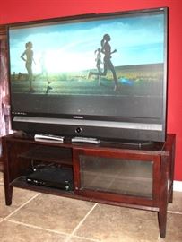 Samsung 50" HD DLP TV  and a Dark Cherry Finish TV Stand with Glass Sliding Doors (46"W x 20"D x 21"H)