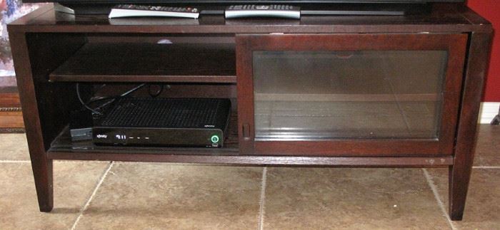 Dark Cherry Stained TV Stand with Glass Front Sliding Doors.  (46"W x 20"D x 21"H)