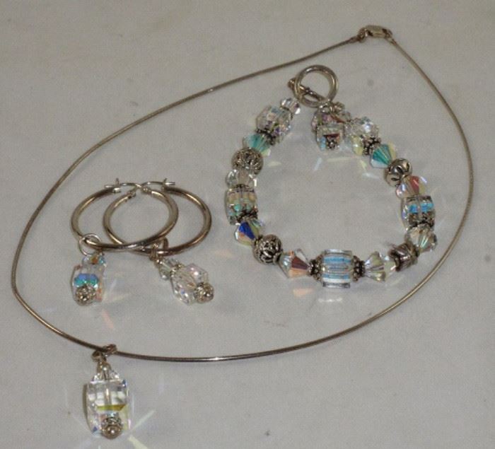 Sterling Silver Snake Chain with Aurora Borealis Pendant with Matching Hoop Pierced Earrings and a Sterling 925 Aurora Borealis Toggle Bracelet