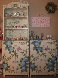 2 Crackled Finished, Blue Hydrangeas & Butterfly Decorated Cabinet with Double Doors Below a Single Drawer (25"W x 13"D x 36" Tall & Book Case Shelf (24.5"W x 9"D x 36"H) shown with Dreamsicles Collection 