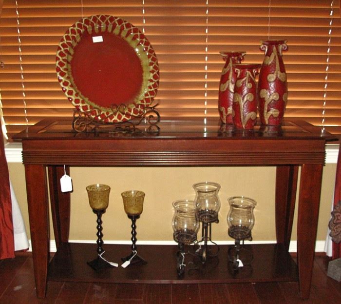 Dark Cherry Stained Sofa/Console Table with Bevel Glass Inset Top. (50"W x 18"D x 29" ) Shown with Various Decorative items 
