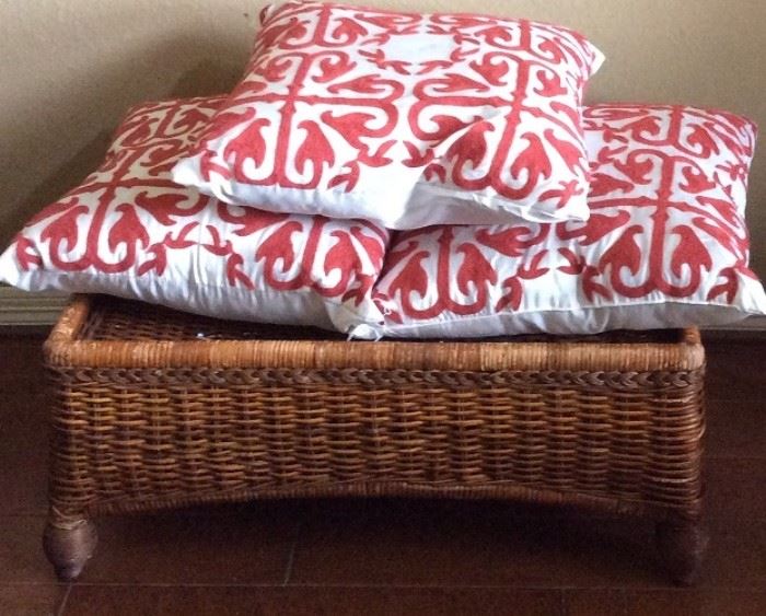 Wicker Foot Stool with 3 Red embroidered White Pillow