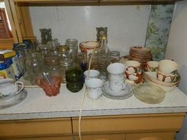 Vintage glass jars, lids, dishes
