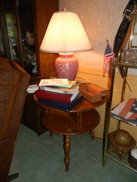 Vintage round table, lamp, books, rocker