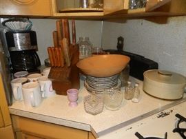 Glassware, bowls, Topaz covered bowl, knife set, coffee pot and coffee mugs