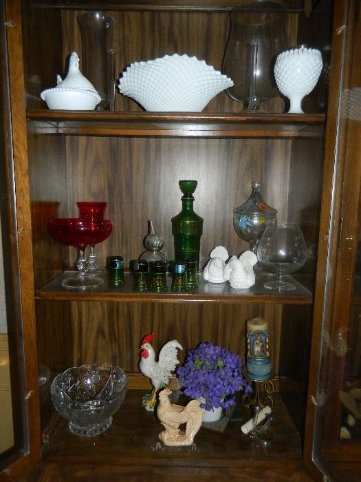 Glass ware, collectibles, hobnail glass in china cabinet