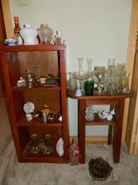 Wooden 3 tier shelf, an additional side table, lamp globes, decor, collectibles