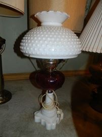 Vintage 1930-1940 White milk glass & cranberry hobnail lamp