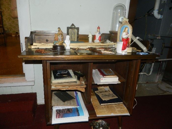 Large table with inside storage - collectibles, old pictures, papers, maps