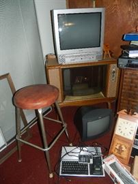 Another vintage tv cabinet, keyboard, stool, clock, small tv