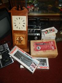 Lionel train items, old clock, miscellaneous in garage