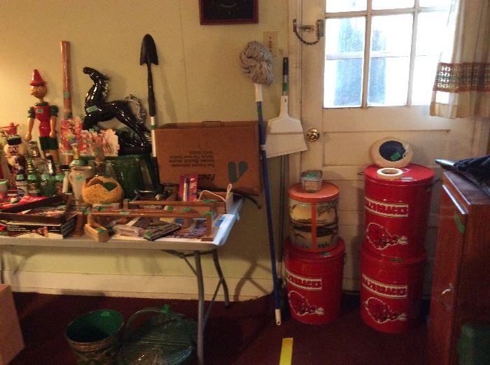 Razorback cans, Christmas items, wood towel holders (3), vintage heater in original box