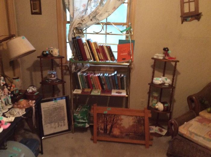 Two 3 tier corner shelves, Hardback books, Lamp Table, Metal Baker's rack, pictures 