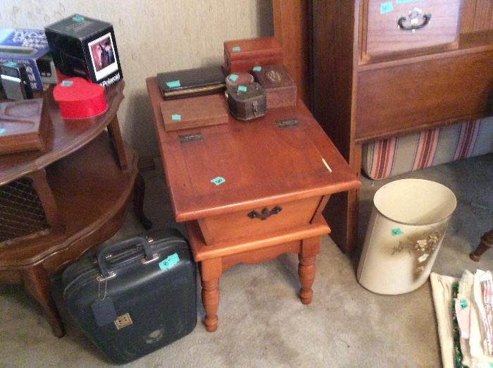 Vintage Table with storage, bowling ball with case, another tiered table- round