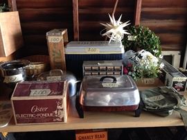 Miscellaneous items including Oster electric fondue pot, large electric fry pan, cooler, tripod, etc.