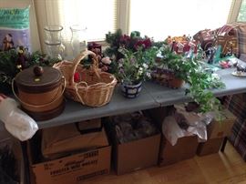 Silk flowers, ice bucket, woven basket