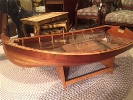 HANDMADE WOODEN BOAT COFFEE TABLE W/ GLASS TOP BY WOOD -N-STUFF