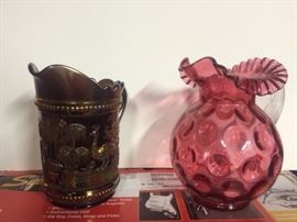 PEACOCKS BY THE FOUNTAIN CARNIVAL GLASS PITCHER & FENTON CRANBERRY COIN DOT PITCHER