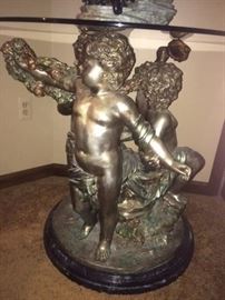 VICTORIAN GUILDED BRONZE 3 CHERUB TABLE W/ GLASS TOP
