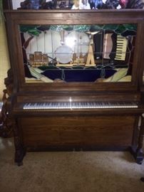COIN OPERATED PLAYER PIANO W/ LEADED GLASS FRONT & SEVERAL INSTRUMENTS