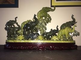 LARGE CARVED JADE ELEPHANT FAMILY