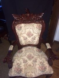 LARGE CARVED EAGLE UPHOLSTERED ARM CHAIR