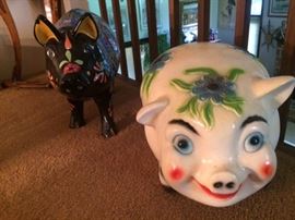 LARGE SMILING CERAMIC PIGGY BANK & TALAVERA CASTILLO PIG FROM SPAIN