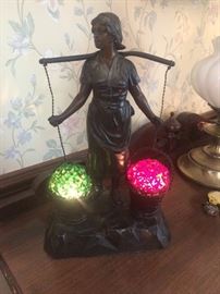 BRONZE CZECH GLASS SHADE FLOWER SELLER LAMP