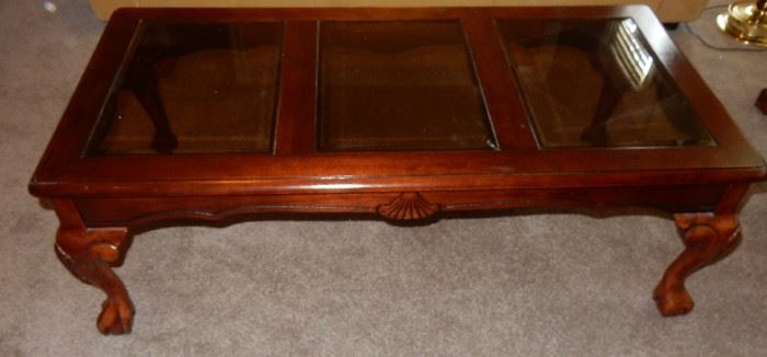 GLASS AND CHERRY FINISH COFFEE TABLE