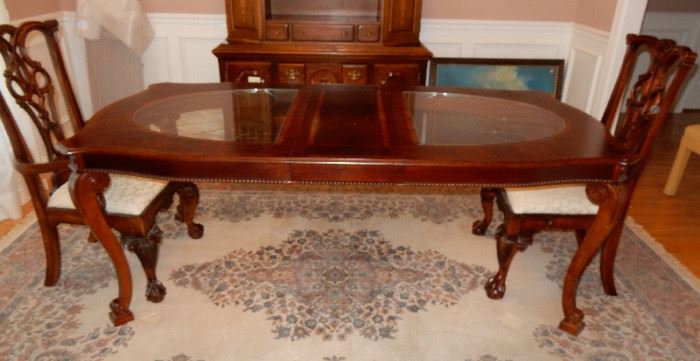 CHERRY AND BEVELED GLASS DINING ROOM SET WITH TWO INLAID LEAVES. 4 CHAIRD