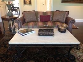 Iron and Travertine Swaim Cocktail Table 54'' x 34''