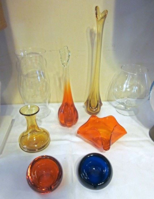 Mid Century Modern glass vases, viking dish, viking ball ashtrays