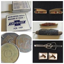 A nice variety of personal collectibles in auto, equestrian & bar  themes + classic pocket knives. 
