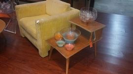 1960s shag chair, 1950s blonde end table, blendo chip and dip set, 1940s punch bowl set.