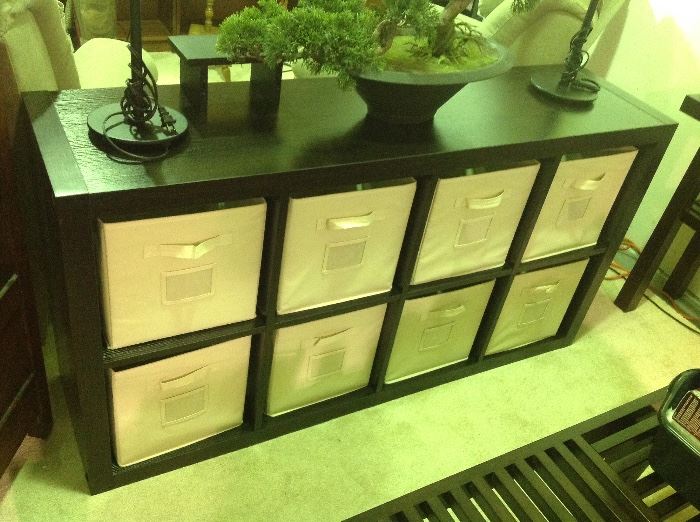 Dark Wood Eight-Slot Storage Unit w/ Eight Cream Canvas Bins (Can be vertical or horizontal - as shown.)
