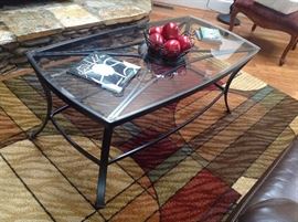 Black Metal Round Tile Inlay Glass Top Coffee Table
