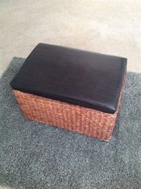 Black Faux Leather Top Rattan Storage Ottoman