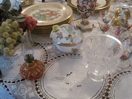 Herend box. Lalique bird vase.