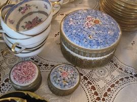 Antique German decorative porcelain covered boxes with porcelain roses/floral overlay. 