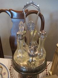 Vaseline glass cruet set.
