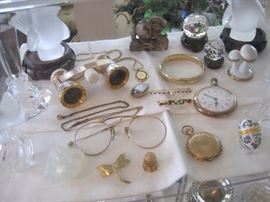 Opera glasses. Gold Thimble. Lallique and Limoge items. Pocket watches by Waltham and Howard.