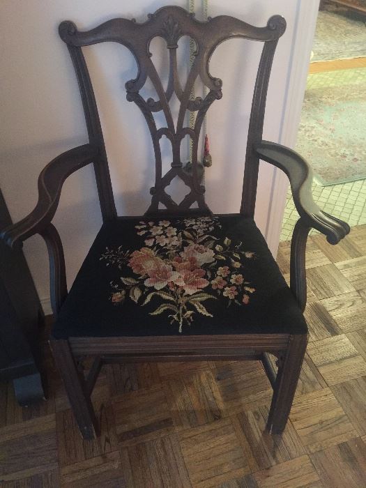 Chippendale arm chair with needlepoint seat