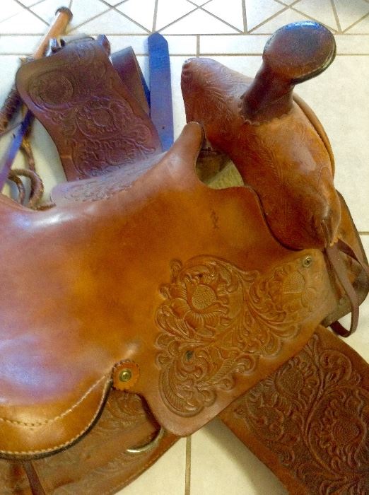 Fantastic hand tooled saddle w whip n accessories