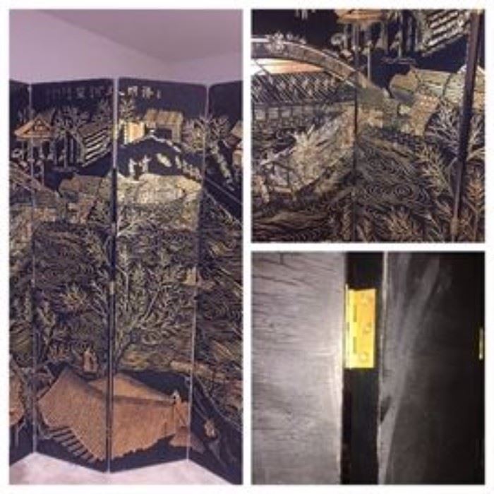 This beautiful Oriental Chinese room divider is 6 FEET Wide and 6 FEET Long. $500 OR BEST OFFER It is an extra massive , Original piece made out of wood. There's a golden , engraved Asian village and grandiose trees on the panels - Each details of the pagodas and people are meticulously engraved with full precision - It looks like a beautiful Painting! The screen is perfect for small apartments, or studios that need separations , or just as a decorative ornament around the house.