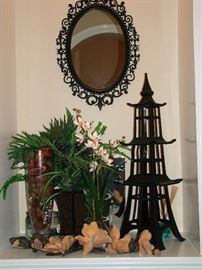 Pagoda, mirror, plants
